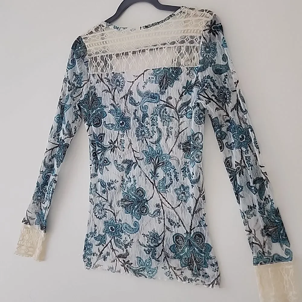 Y2K 90's Blue Floral Semi Sheer Mesh Tulle Beige Lace Trim Fitted Henley Top S E - Picture 3 of 12